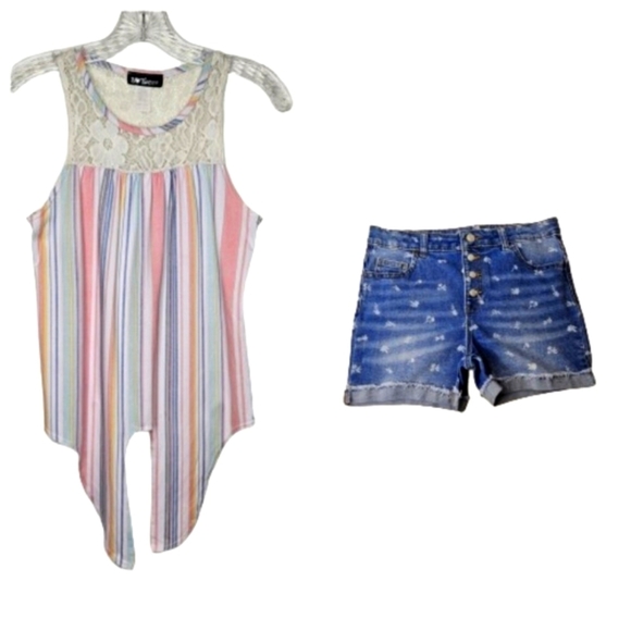 Girls Wonder Nation Daisy Denim Shorts 18 Green Pink Striped Tie Waist Top 14/16 - Picture 2 of 8